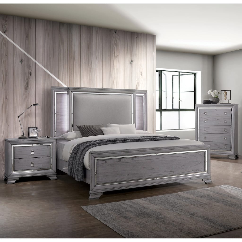 Furniture of America Taia Contemporary Grey 3-Piece Panel Bed, Nightstand and Chest Set with LED