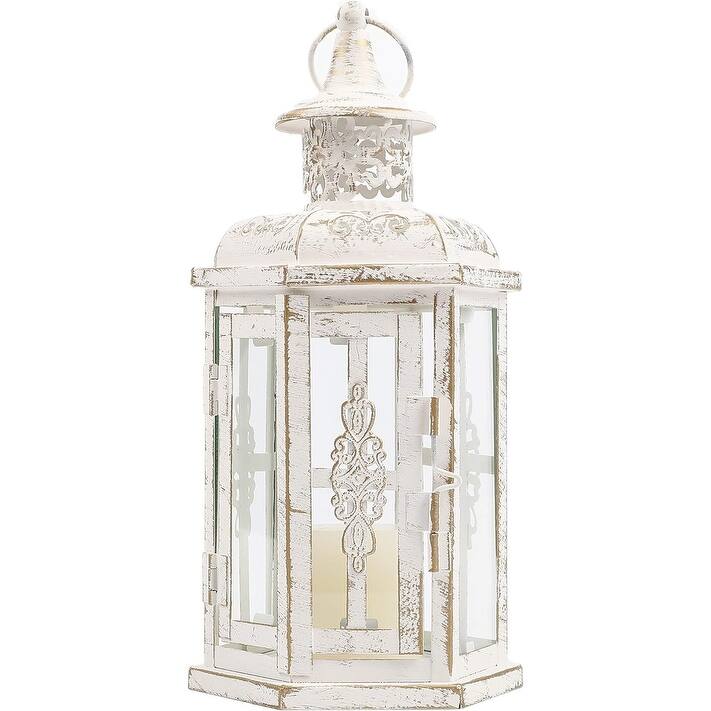 10" Clear And White Glass And Metal Distressed Tabletop Lantern Candle Holder