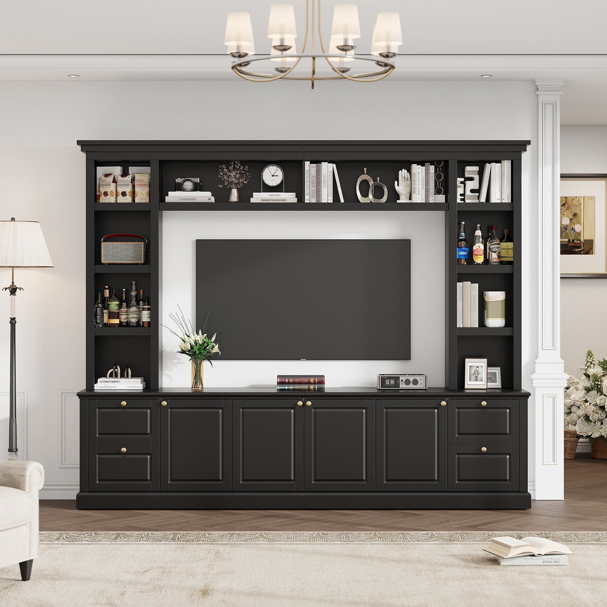 All-in-One Modern 70" TV Stand w/Bookcase, 3 Adjustable Shelves, Display Storage Cabinet