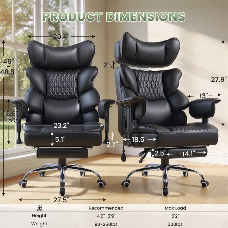 BOSSIN 300lbs Big & Tall Office Chair, Reclining Executive Chair, Footrest, Lumbar Support, Adjustable Headrest & Armrests