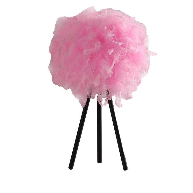 Rio 21 Inch Accent Table Lamp, Pink Feather Shade, Black Metal Tripod Base