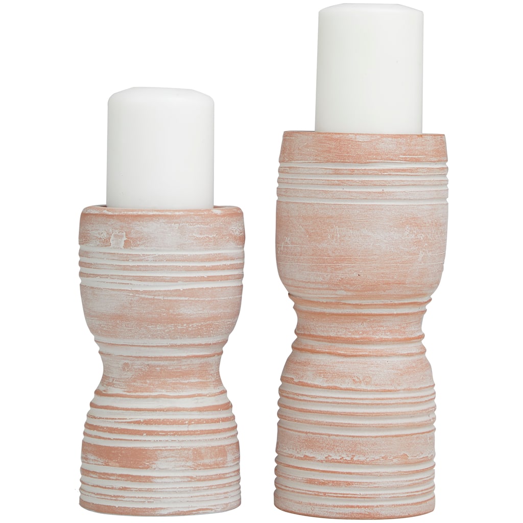 Ceramic Whitewashed Ribbed Terracotta Candle Holder - Set of 2 Pink - Roche River Decor - 5"W x 5"L x 11"H