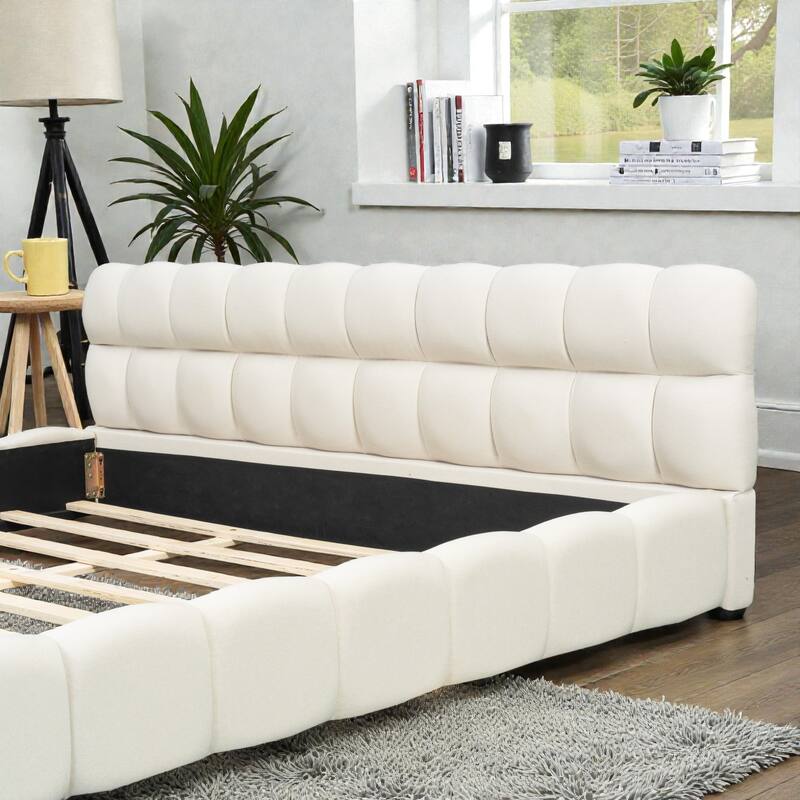 King Size Upholstered Platform Bed with Thick Linen Fabric, Low Profile Grounded Bed Frame, Solid Support