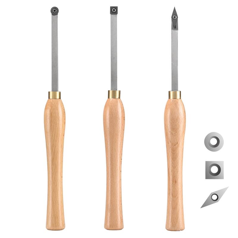 Wood Lathe Chisel Set, 3 PCS Woodworking Turning Tools, Includes Square, Round, Diamond Carbide Blades - 3 PCS - Brown