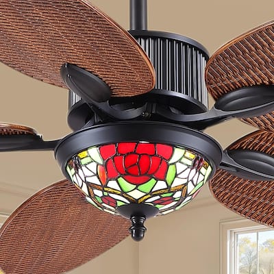 50" TiffanyTropical Ceiling Fan with 5 Palm Leaf Bllades and Vintage Cover Waterproof for Indoor and Outdoor Patio