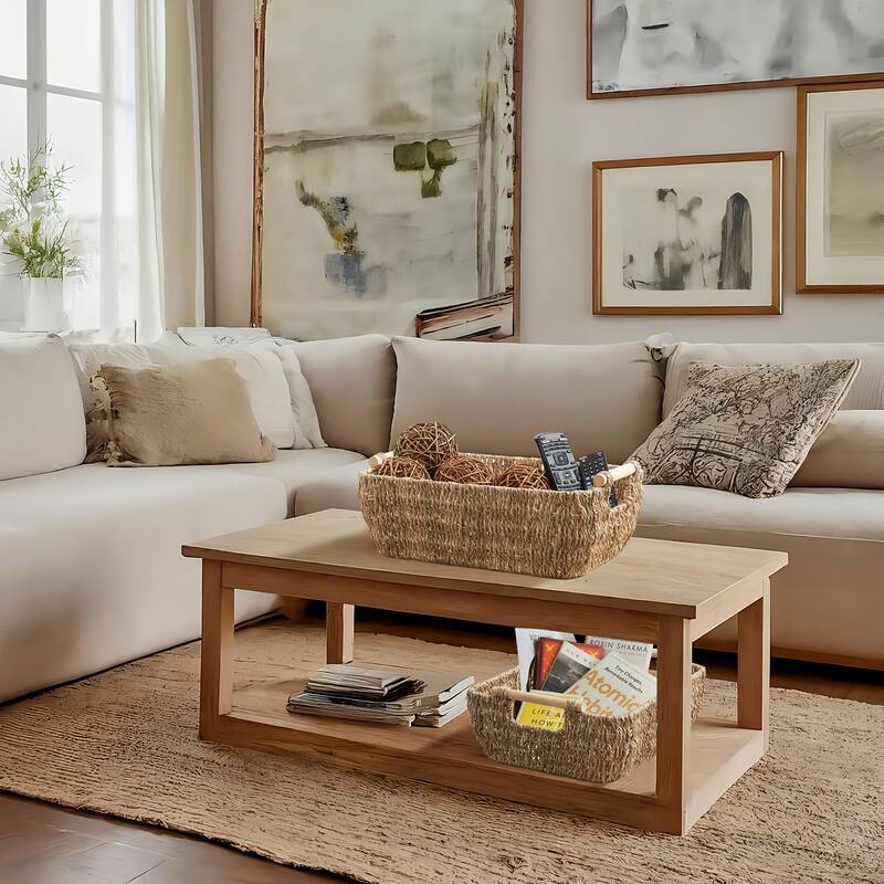 Hyacinth Seagrass Oval Storage Baskets with Wooden Handles Woven Bins