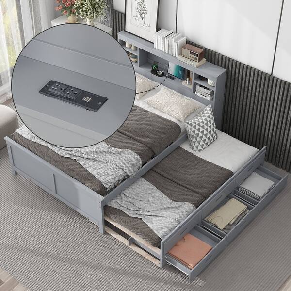 slide 2 of 13, Gray Full Size Platform Bed with Storage Headboard, USB, Twin Size Trundle Gray