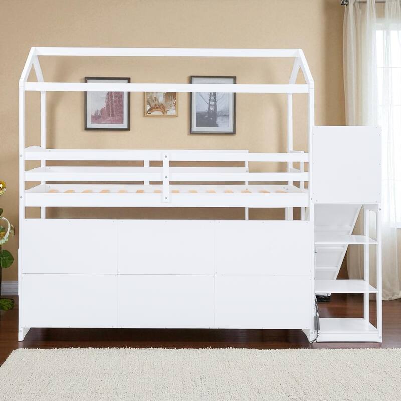 Twin Size Wood House Loft Bed with Slide, Storage Shelves, Light and Climbing Ramp, Full Guardrails
