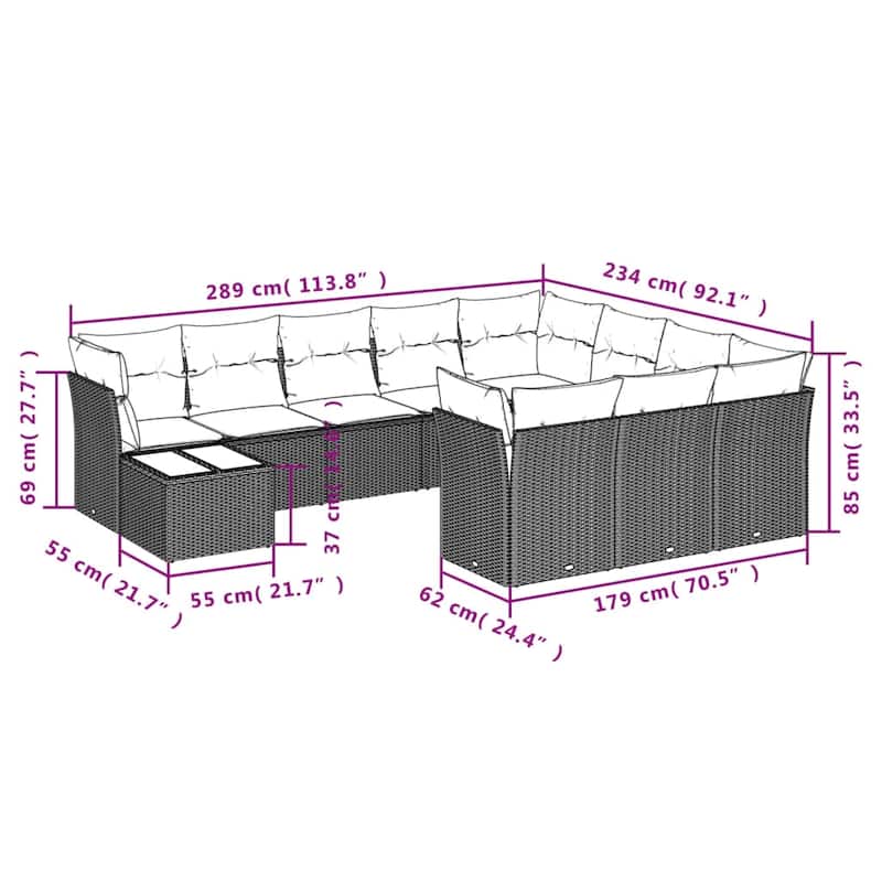 vidaXL Patio Sofa Set with Cushions Outdoor Furniture 11 Piece Poly Rattan - 21.7 x 21.7 x 14.6