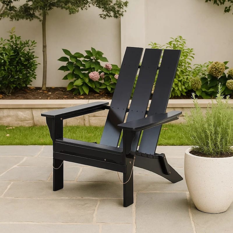 Foldable Outdoor Adirondack Chair, Rustic Black Steel and Acacia Wood