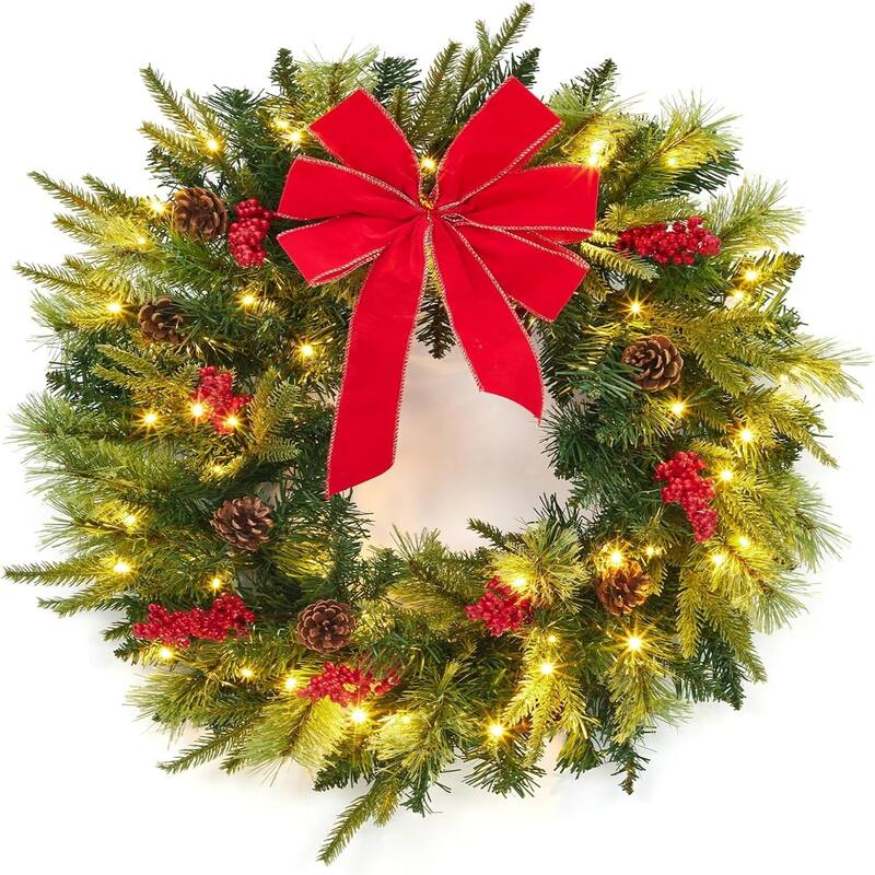 24-Inch Prelit Christmas Wreath with 50 LED Lights Large Red Bow Pine Cones and Berries Green - N/A - Green