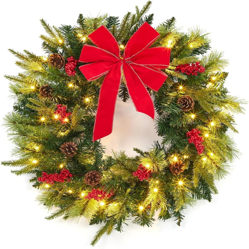 24-Inch Prelit Christmas Wreath with 50 LED Lights Large Red Bow Pine Cones and Berries Green - N/A