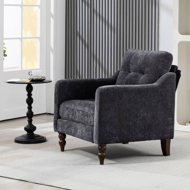 Chenille Accent Armchair, Upholstered Lounge Chair with USB Port, Single Sofa Chair with Wooden Legs & Side Storage