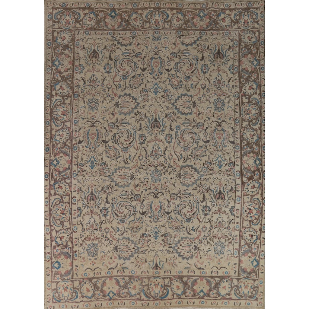 Floral Tabriz Persian Area Rug Distressed Handmade Wool Carpet - 8'8"x 11'5"