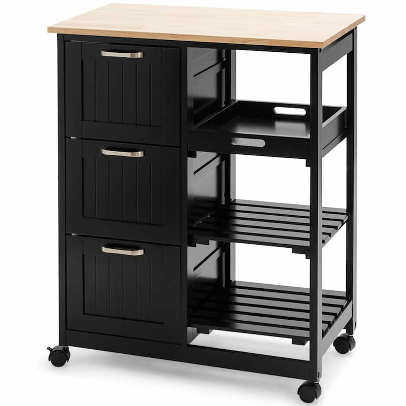 Rolling Kitchen Storage Cart with Large Storage Drawers and Shelves - Black