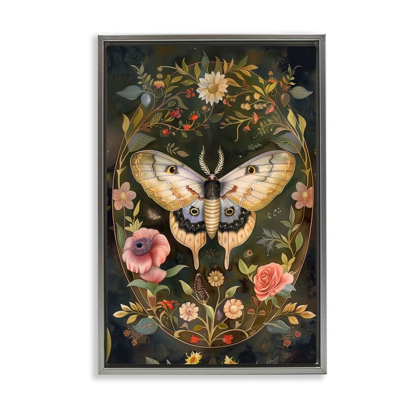 Stupell Victorian Botanicals & Moth Framed Floater Canvas Wall Art Design By The Dutch Lady - 17 x 25 - Grey