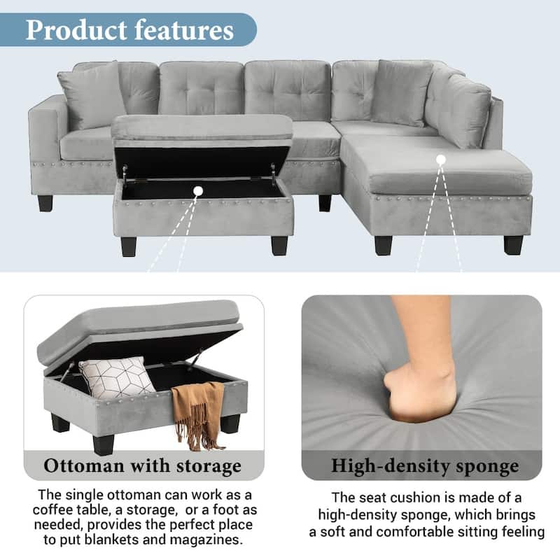 105" Modern Velvet L-shape Reversible Sectional Sofa with 2 Pillows and Cup Holders