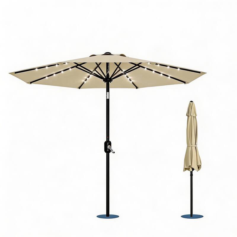 9 ft Patio Umbrella, 8 Sturdy Ribs, with Lights - Light Yellow