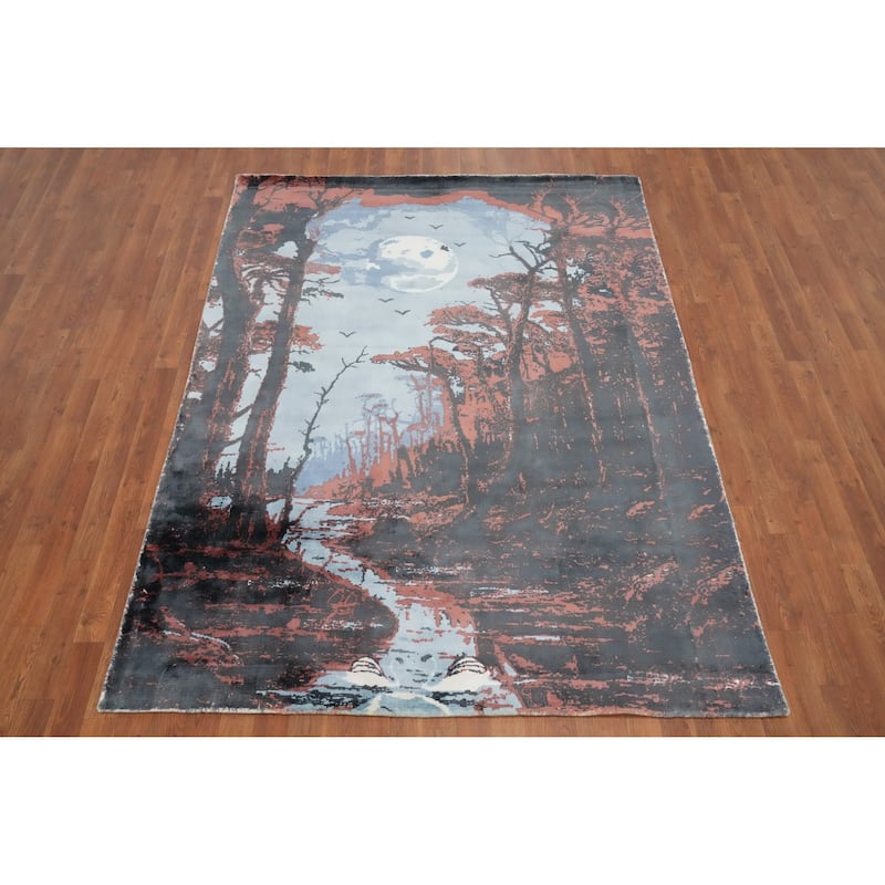 Hand Knotted Oriental Viscose Silk Carpet Modern Pictorial Multi-Colored Abstract Area Rug - 7' 8'' X 5' 7''