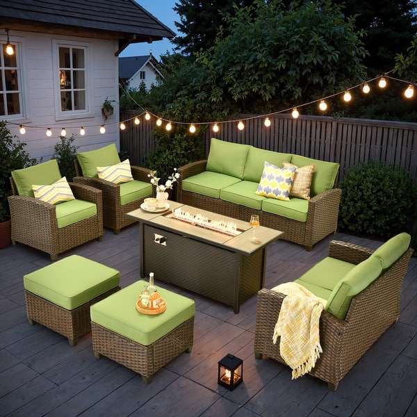 slide 2 of 30, HOOOWOOO 7-piece Outdoor Wicker Rattan Patio Conversation Set with Fire Pit Green