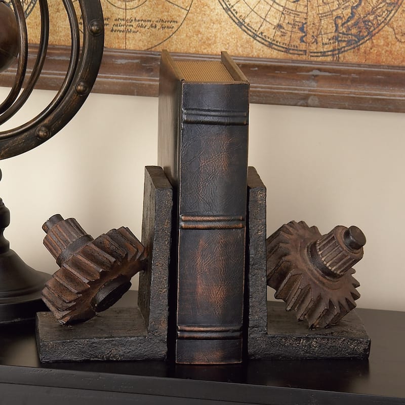 Brown Polystone Gear Decorative Bookends (Set of 2)