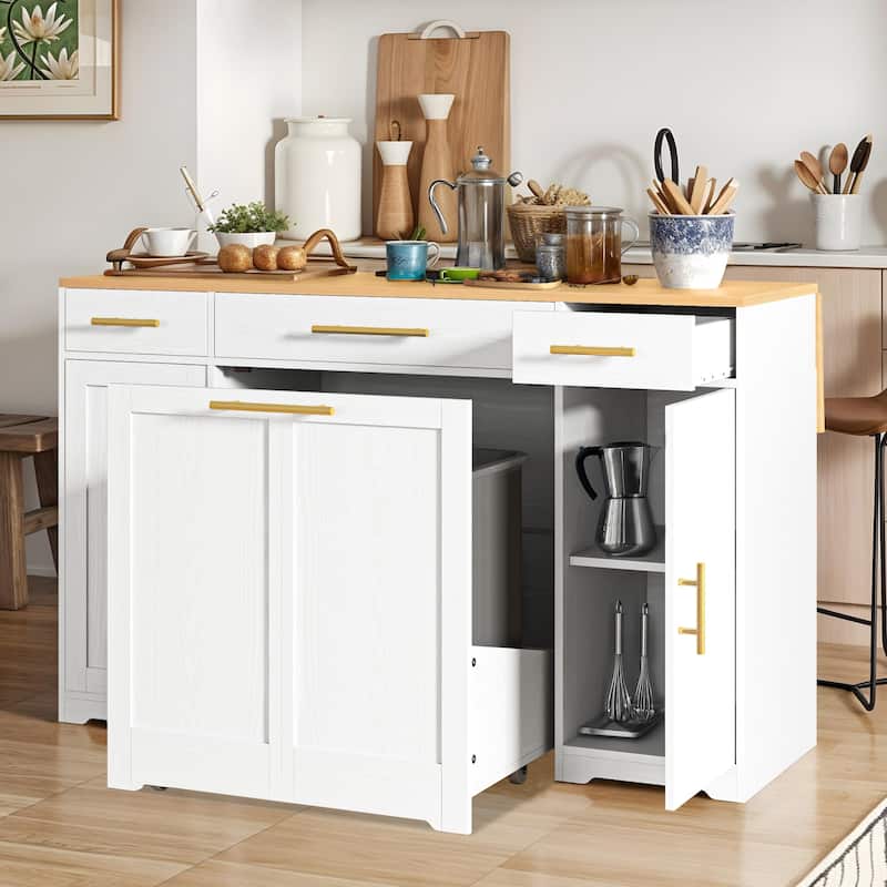Moasis 55 inch Rolling Kitchen Island with Drop Leaf and Pull Out Garbage Bin Cabinet fits