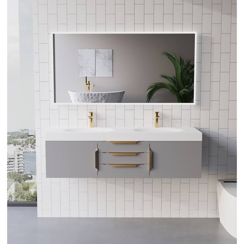 Thames 60" Shallow Basin Wall Mounted Bathroom Vanity Set w/ White Top
