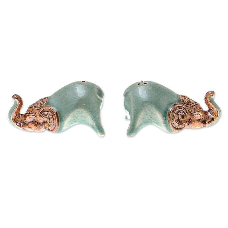 Handmade Crouching Elephants In Green Celadon Ceramic Salt And Pepper Shakers (Pair) Thailand - 2" H x 2" W x 3.7" D