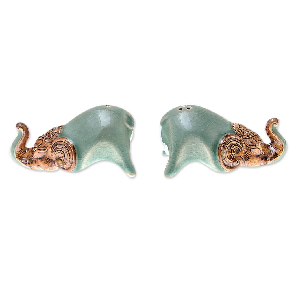 Handmade Crouching Elephants In Green Celadon Ceramic Salt And Pepper Shakers (Pair) Thailand - 2" H x 2" W x 3.7" D