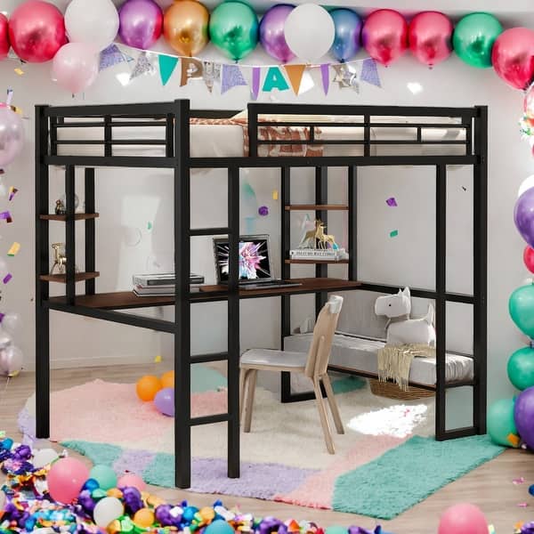 slide 2 of 12, Modern Full Size Loft Bed With Long Desk And Shelves,Sturdy Construction for Bedroom Black