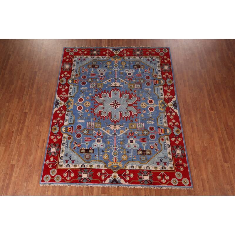 Blue Geometric Kazak Oriental Area Rug Hand-Knotted Wool Carpet - 7'11"x 10'0"