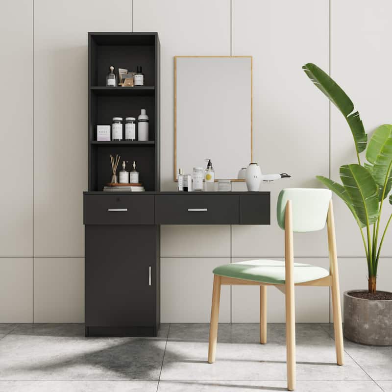 Roomfitters Modern Vanity Table with Storage Shelves, Multi-Layer Makeup Desk with Drawers and Cabinet