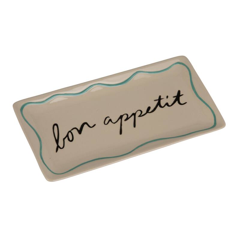 Stoneware Platter with Wax Relief "Bon Appétit" Design - 12.75"L x 6.0"W x 0.75"H