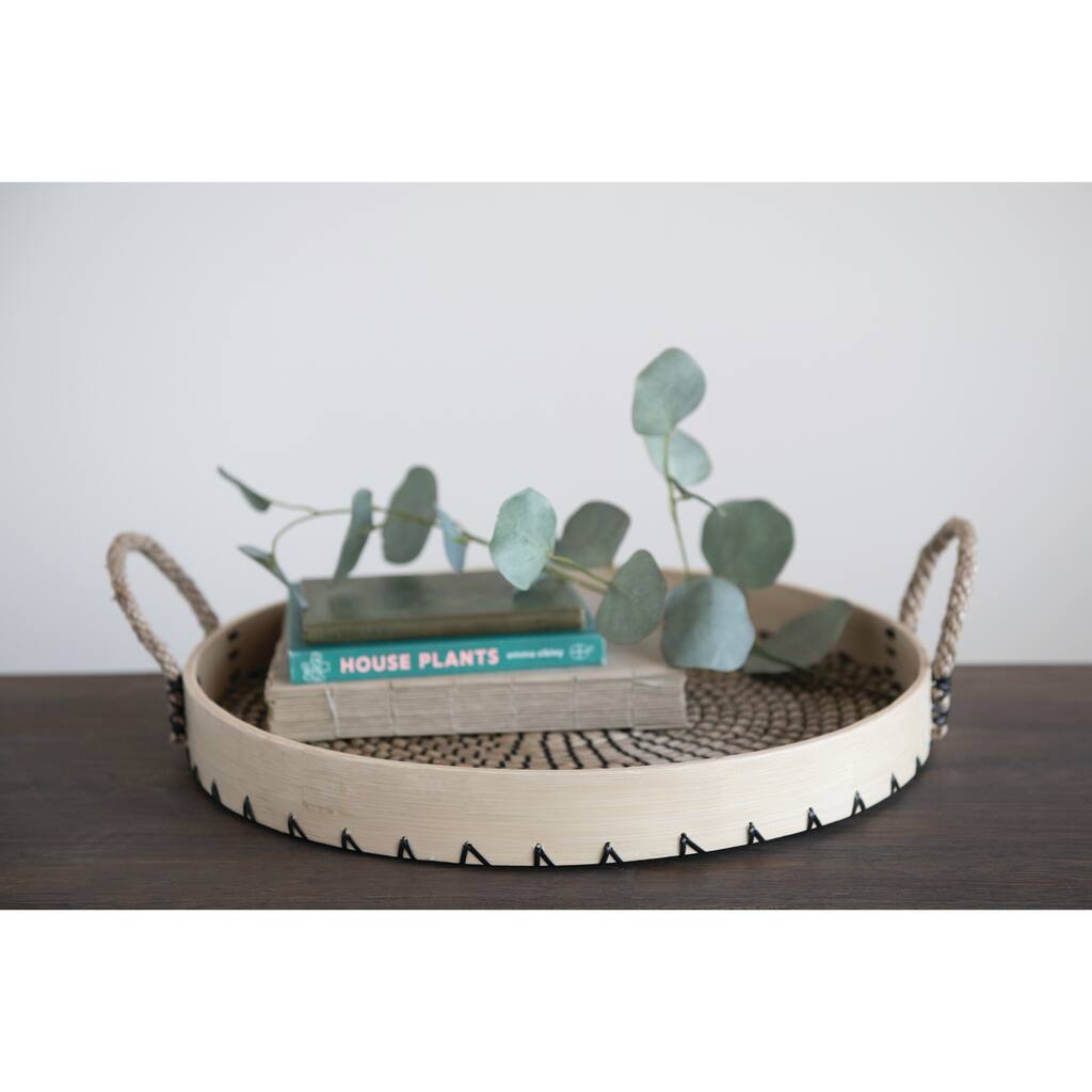 Decorative Seagrass and Bamboo Natural and Black Tray with Rope Handles