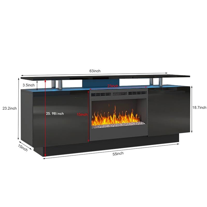 70" High Gloss TV Stand with Built-In Electric Fireplace, 9-Color Flame, Storage Shelves & Remote, for 80" TVs