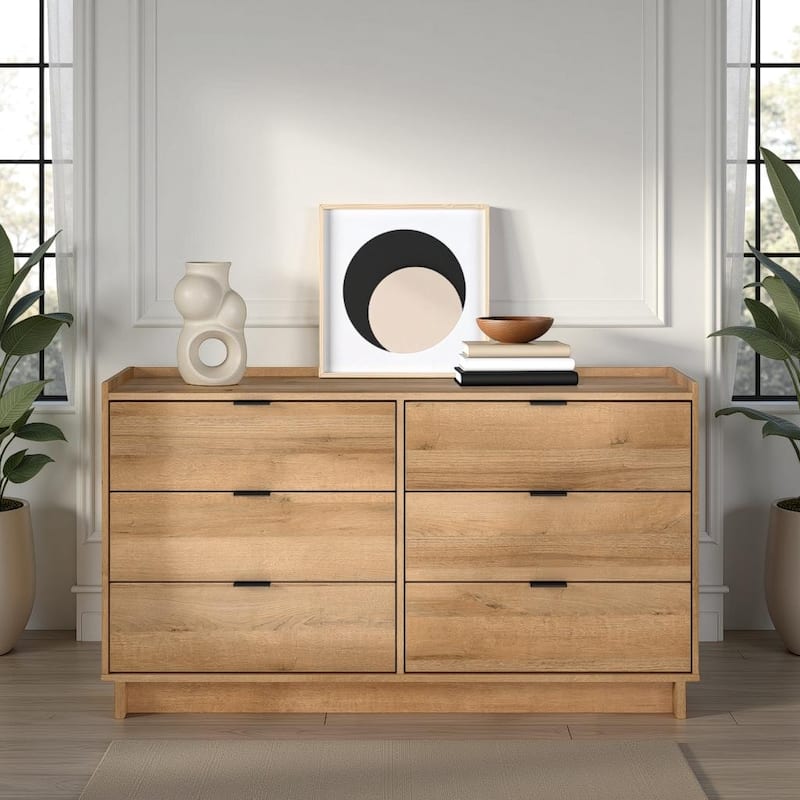 Prepac Simply Modern 6-Drawer 52.5" W Double Dresser for Bedroom, Chest of Drawers, Modern Bedroom Furniture, Oak