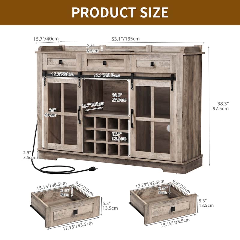 53" Barn Door Buffet Coffee Bar Cabinet with Wine Rack, Kitchen Sideboard Storage Cabinet