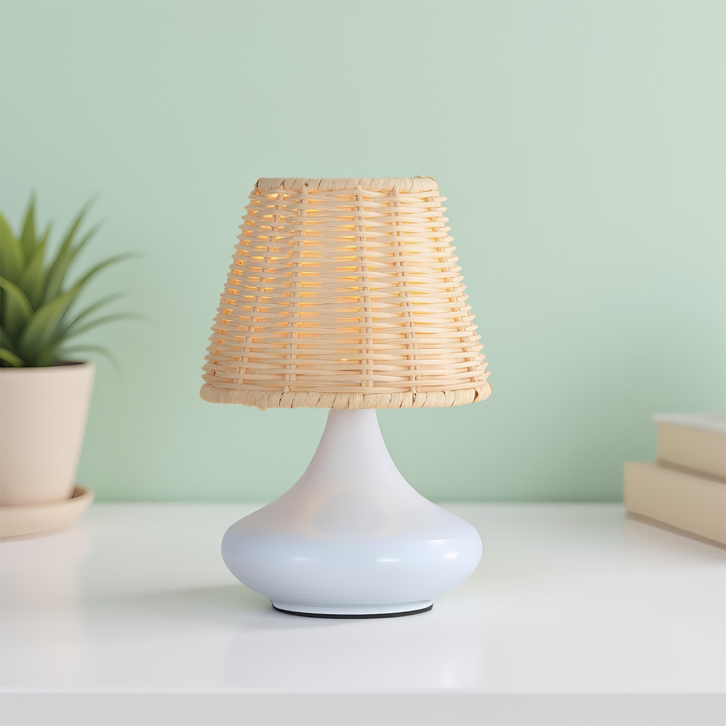 White Hand-Woven Bamboo Desk Lamp with Iron Frame and 3 Light Colors