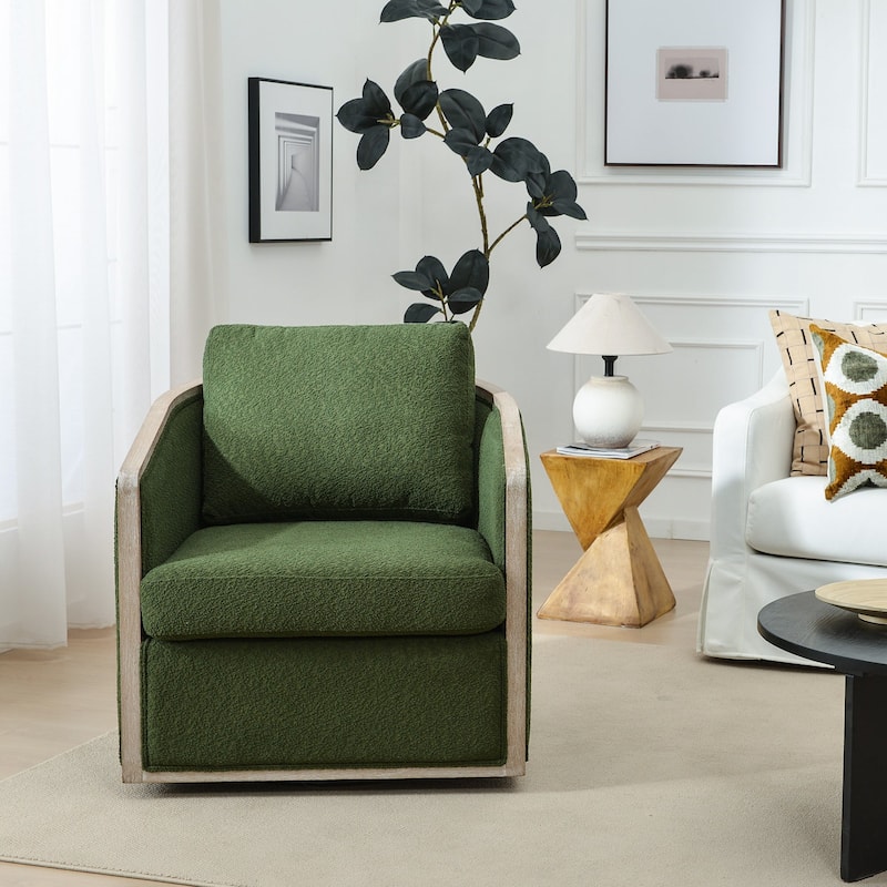 KINWELL 31"W Oak Frame Upholstered Swivel Barrel Armchair
