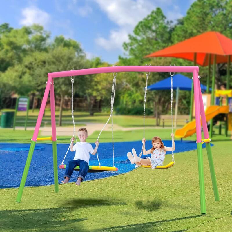 Swing Set for Backyard, 330lbs Swing Set with Heavy-Duty Outdoor Swing Stand, 1 Saucer Swing Seat 1 Belt Swings Seat