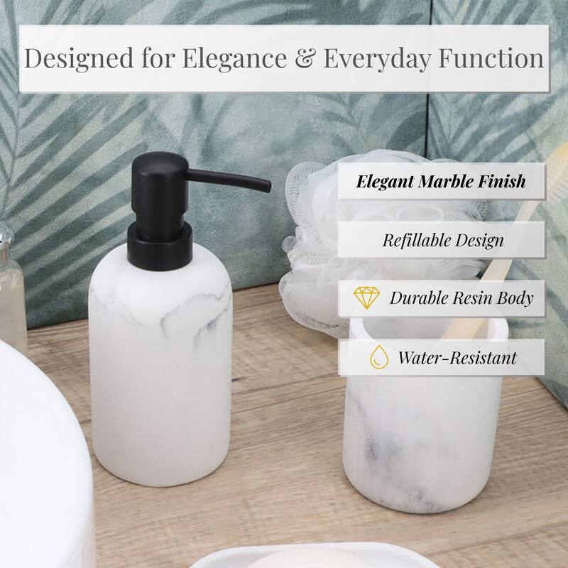 Marble Resin Soap Dispenser with Black Pump - 2.8 L x 2.8 W x 6.8 H
