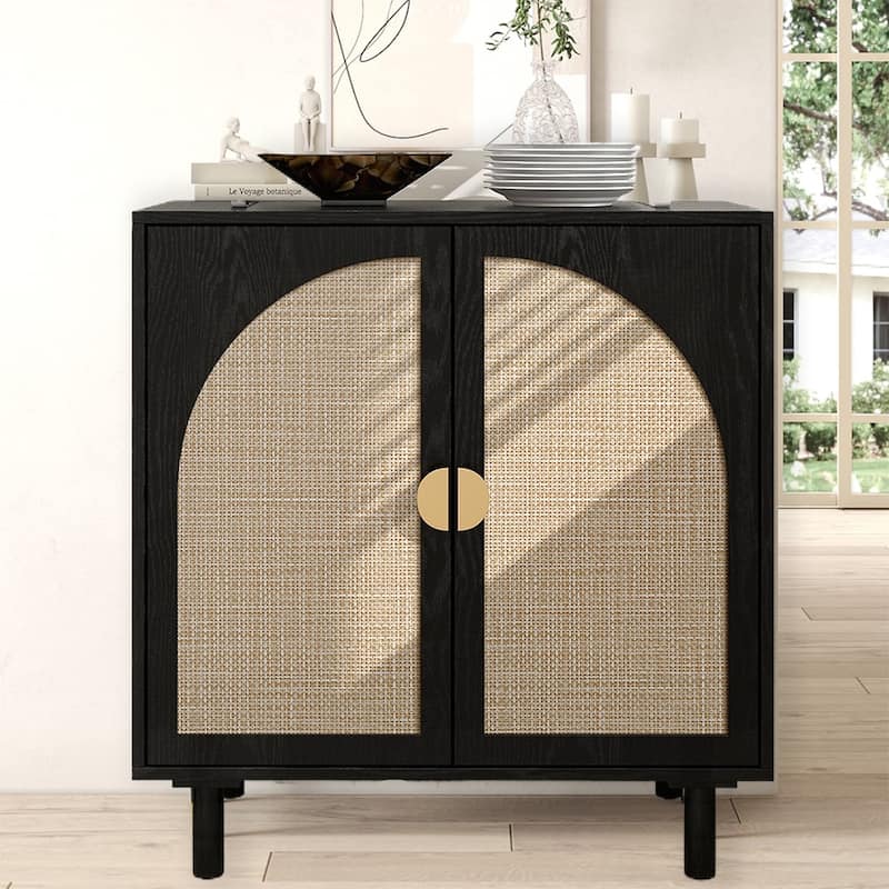 Rattan Storage Accent Cabinet with Doors, Sideboard Buffet Cabinet - 29.53"Lx15.75"Wx31.5"H - Black