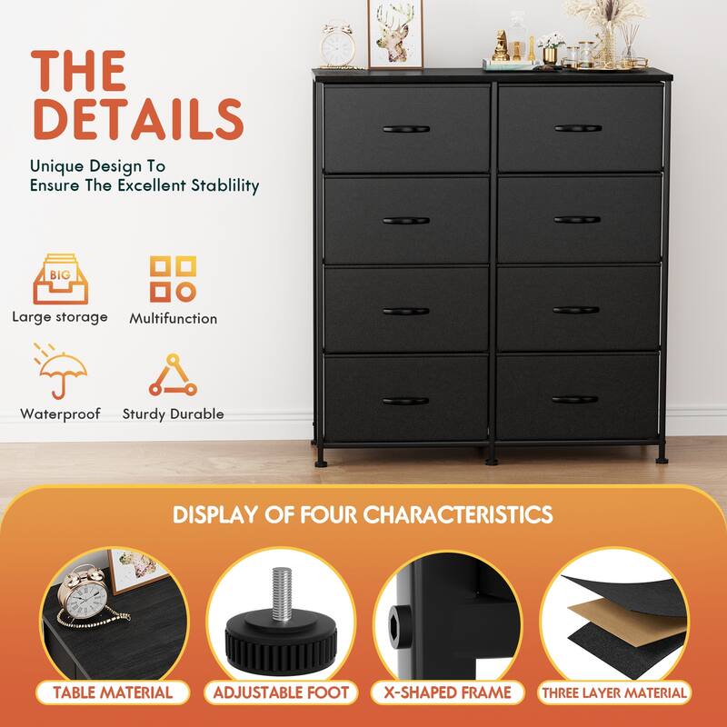 Furniwell 5 Drawer Fabric Dresser Wide Chest Of Drawers, Black