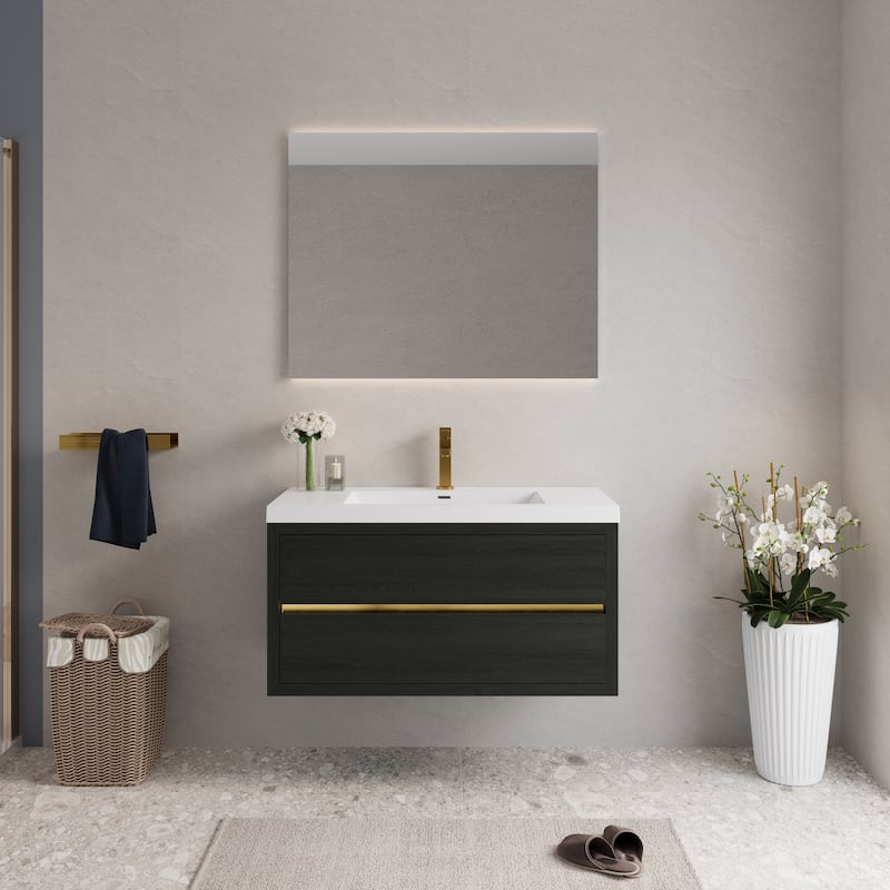 GDFStudio - Daniel Floating Bathroom Vanity with Stone Resin Sink and Soft-Close Drawer Storage - Espresso+White