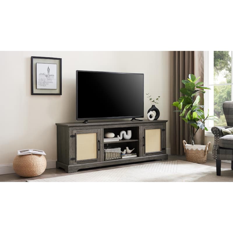 Rattan TV Stand Console Table for TVs up to 70 Inches,TV Console Table with 2 Shelves,2 Door Cabinets,65"W*15.55"D*23.86"H