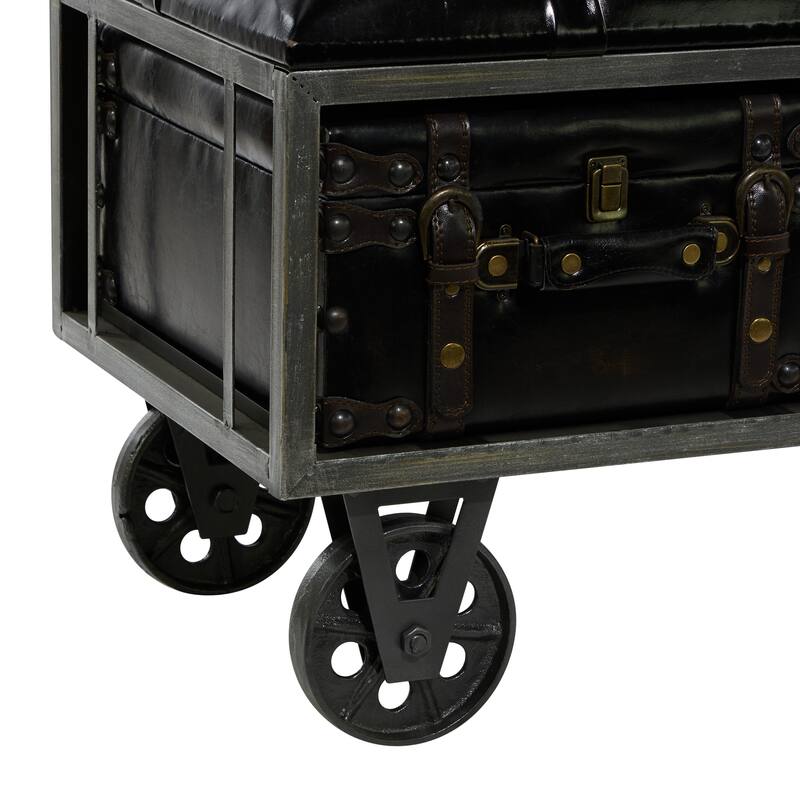 Black Faux Leather Tufted Upholstered 3 Trunk Storage Bench with Industrial Wheels and Gold Studded Accents