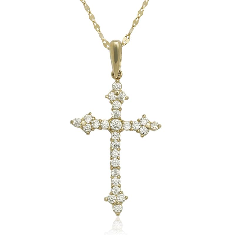 Curata 14K Gold 18" Cubic Zirconia Fleur de Lys Cross Necklace