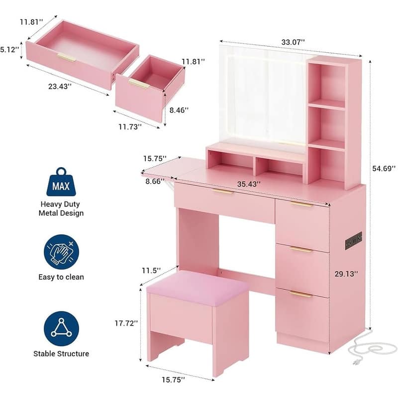 Vanity Desk with LED Lighted Mirror, Charging Station & Storage Stool