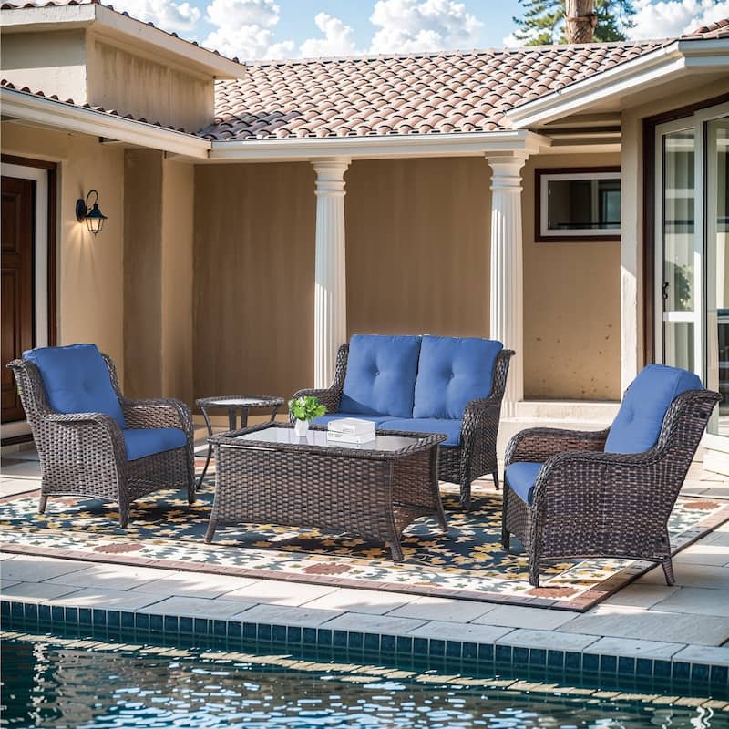 Pocassy Outdoor Patio Sofa Chairs with Coffee Table - 5 Pieces 2-Seat Sofa Patio Chair with Table - Brown Rattan Blue Cushion
