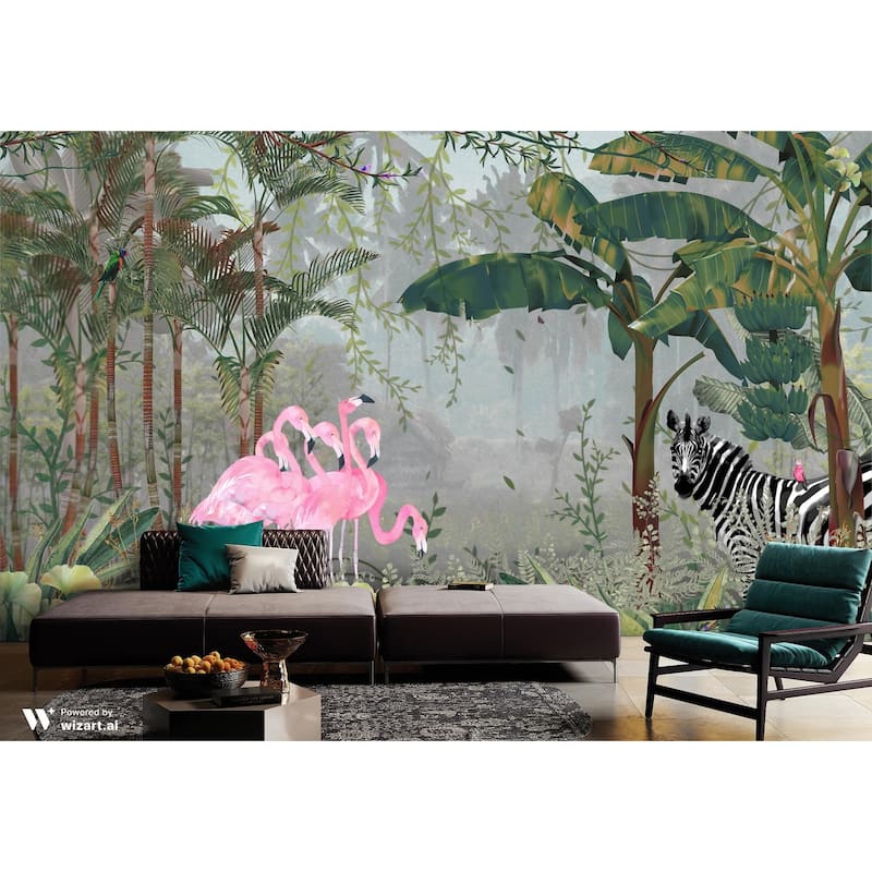 Exotic Tropical Jungle Wallpaper Mural Flamingos and Zebra
